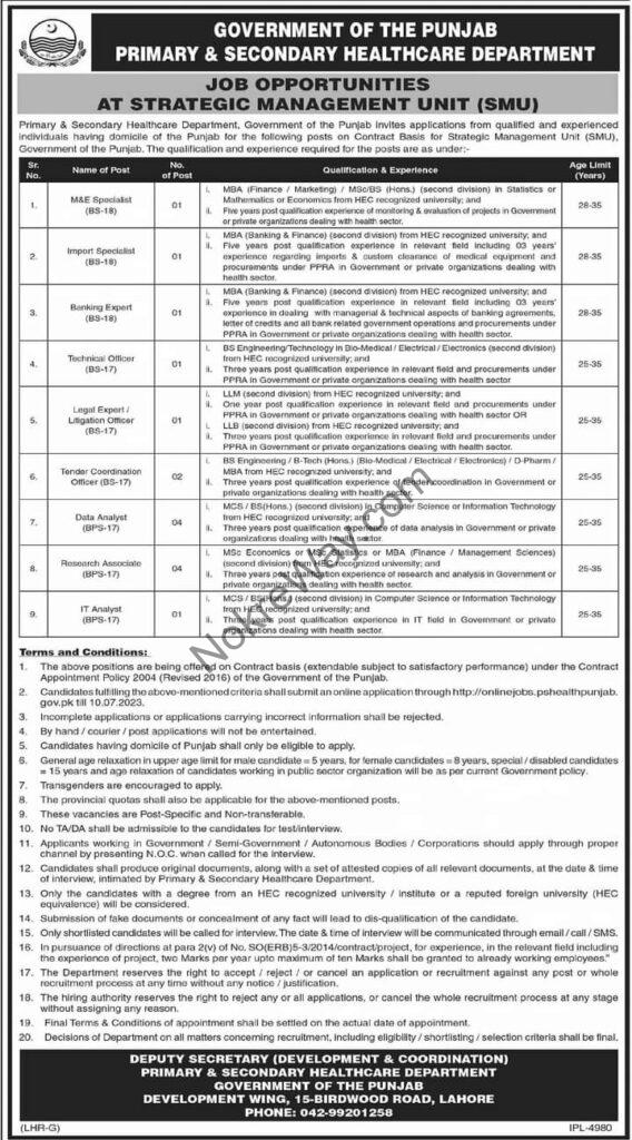 Primary and Secondary Healthcare Department Punjab Official Advertisement