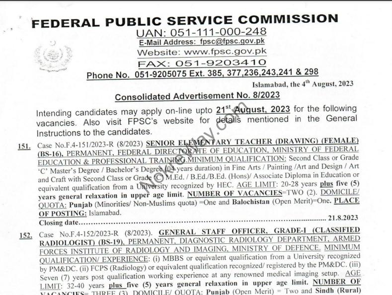 Federal Public Service Commission FPSC Jobs official Advertisement