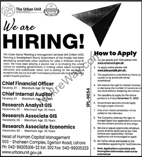 Latest Urban Unit Jobs In Lahore 2023 Official Advertisement